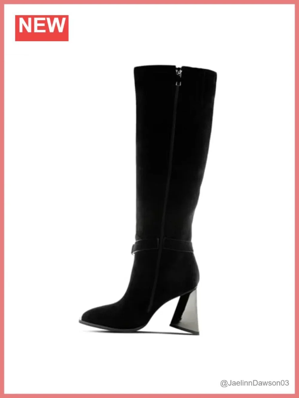 Vegan Microsuede Knee High Boots with Mirrored Triangular Heel and Zipper